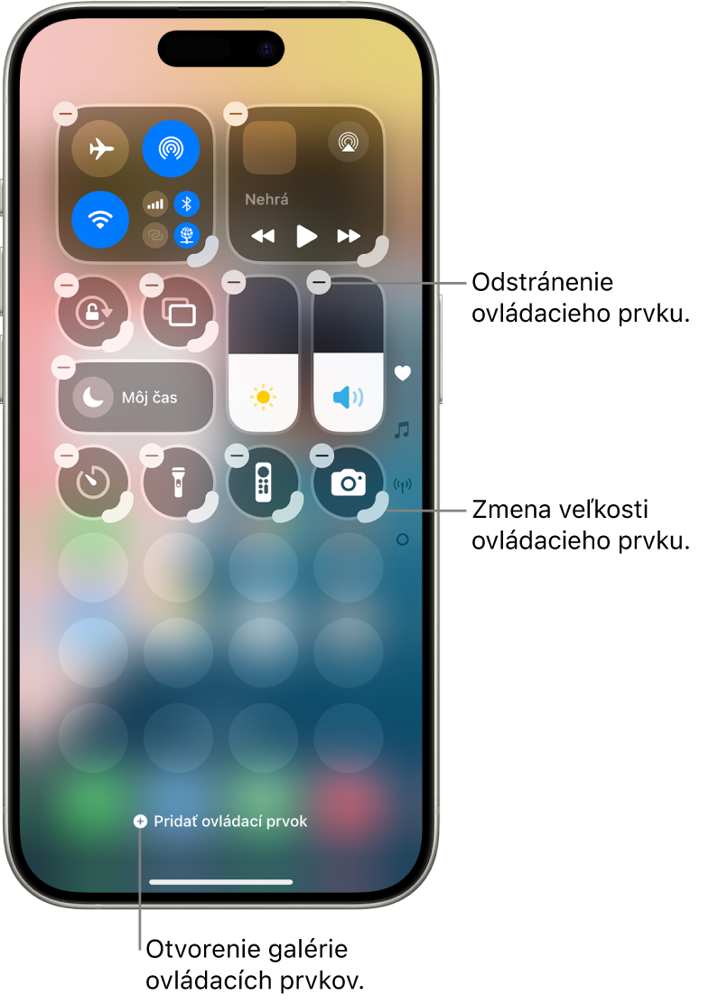 Upravované Ovládacie centrum s tlačidlom Odstrániť a úchytom na zmenu veľkosti na každom ovládacom prvku.