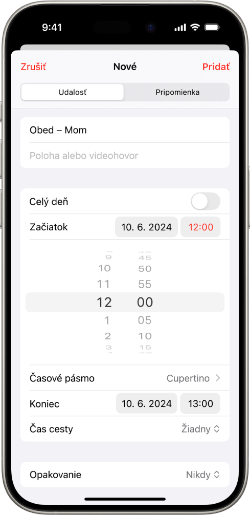 Udalosť kalendára zobrazujúca nastavenia času a časového pásma udalosti.