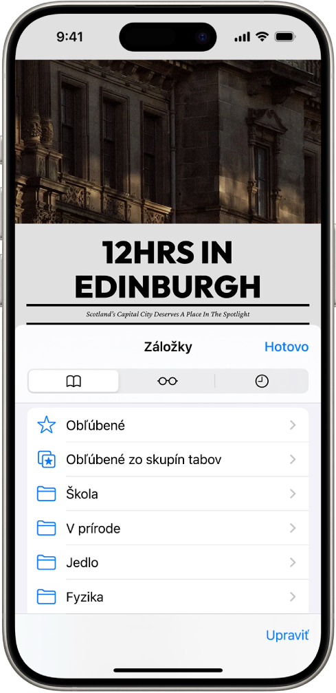 Obrazovka Záložky s možnosťami zobrazenia záložiek, zoznamom Na prečítanie a históriou prehliadania.