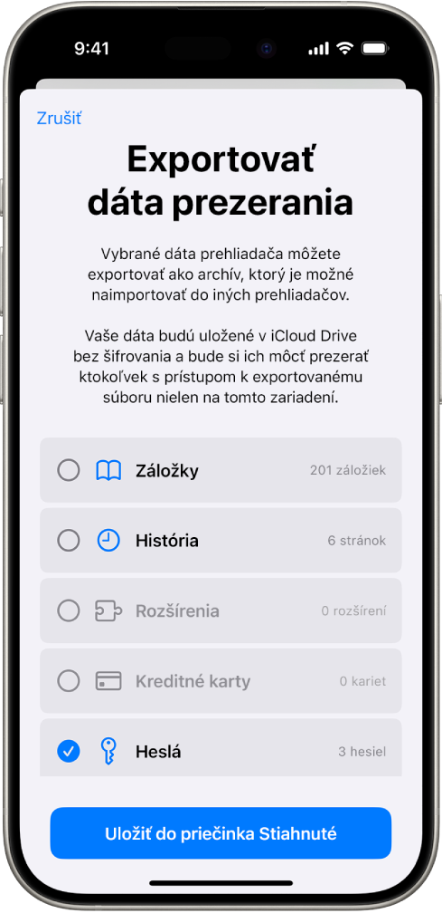 Obrazovka Exportovať dáta prezerania s vybranou možnosťou Heslá na export do iného správcu hesiel.