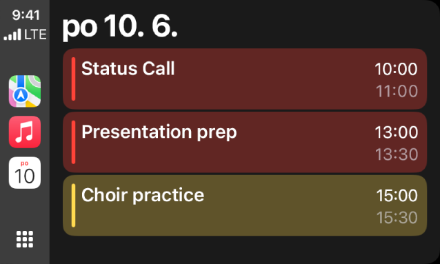 CarPlay zobrazujúci apky Mapy, Hudba a Kalendár na postrannom paneli. Vpravo sú udalosti naplánované na pondelok 5. júna: pracovné stretnutie ohľadom portfólia, workshop o zručnostiach vedúcich pracovníkov, príprava prezentácie a nácvik zboru.