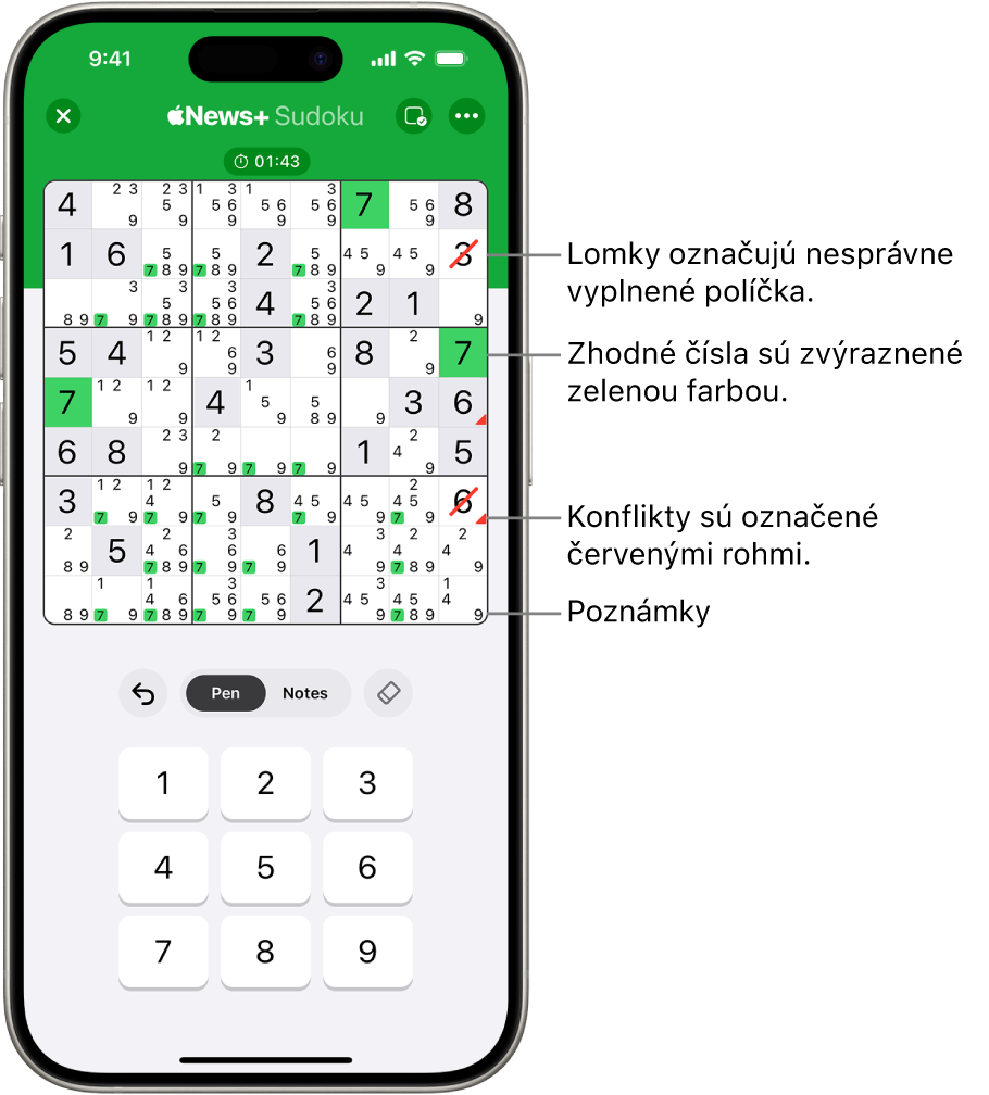 Sudoku s niekoľkými zapnutými funkciami: poznámkami, zvýrazňovaním zhodných čísel, zobrazovaním konfliktov a automatickou kontrolou