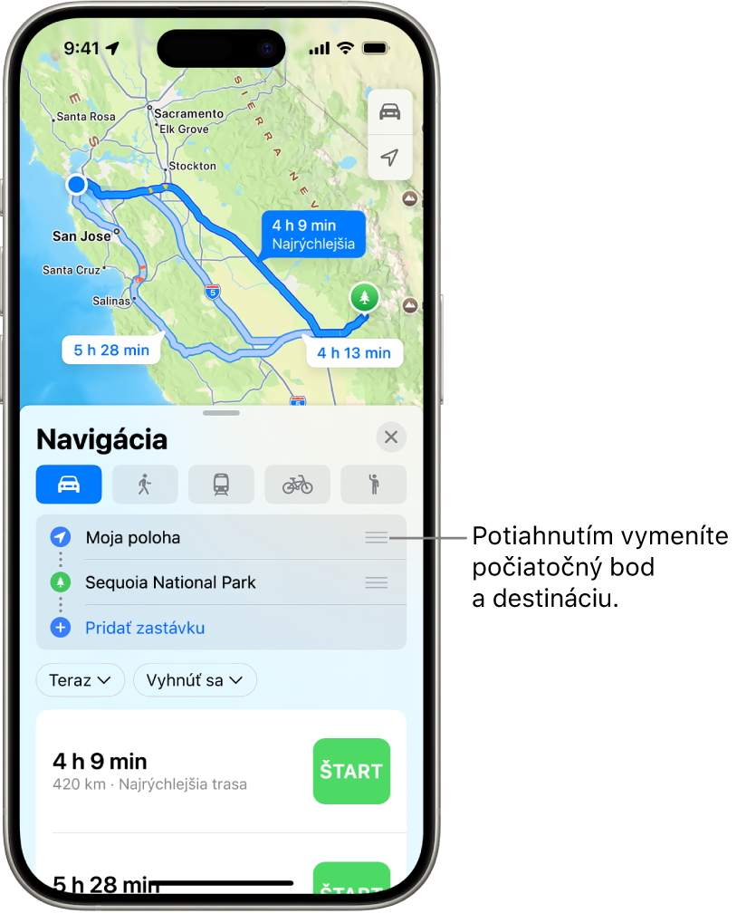 Mapa s viacerými možnými trasami pre cestu autom medzi aktuálnou polohou a cieľom.