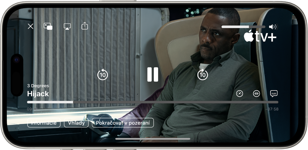 Prehrávaný TV seriál so zobrazenými ovládacími prvkami. Vľavo hore sa nachádzajú tlačidlá Zavrieť, Obraz v obraze, AirPlay a Zdieľať. Vpravo hore sa nachádza posuvník hlasitosti. Tlačidlá v strede slúžia na preskočenie o 10 sekúnd dozadu, pozastavenie a preskočenie o 10 sekúnd dopredu. Uprostred dolnej časti sa nachádza posuvník, ktorého ťahaním môžete nastaviť polohu vo videu. Vľavo a vpravo od neho sa zobrazuje uplynutý a zostávajúci čas. Vpravo dole sú tlačidlá Informácie, Vhľady a Pokračovať v pozeraní.