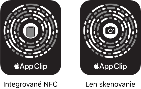 Vľavo sa nachádza kód app clipu s integrovanou NFC značkou, ktorý je uprostred označený ikonou iPhonu. Vpravo je kód app clipu určený len na optické snímanie, ktorý je uprostred označený ikonou kamery.