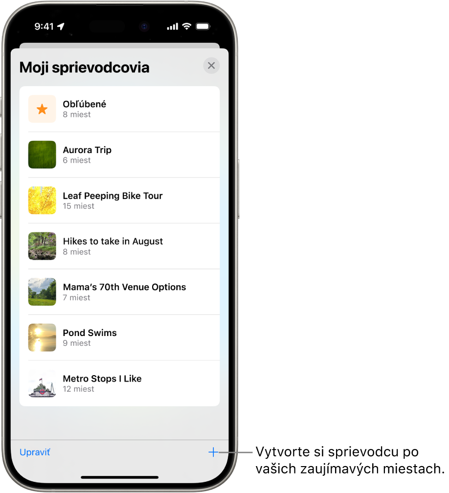 Zoznam niekoľkých vlastných sprievodcov v apke Mapy vrátane kategórie Obľúbené. Vpravo dole je tlačidlo Nový sprievodca.