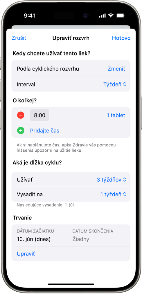 Obrazovka Lieky v apke Zdravie s možnosťami zmeny rozvrhu užívania lieku.
