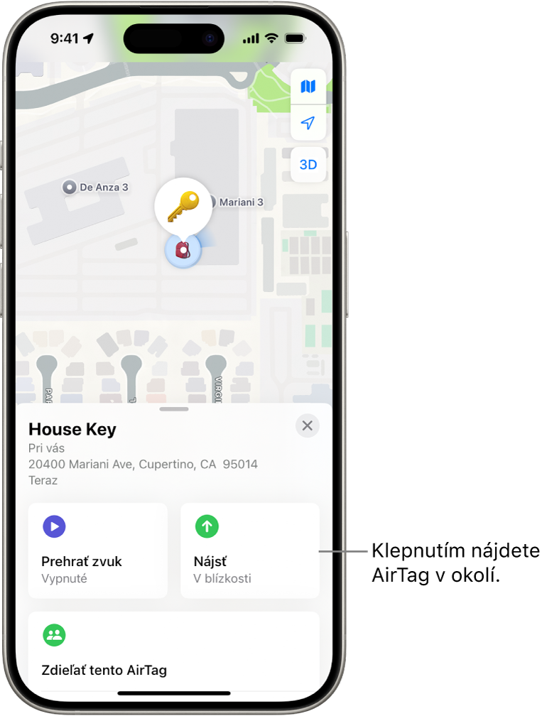 Otvorená apka Nájsť, v ktorej sa zobrazujú Dannyho kľúče v parku Golden Gate Park. Klepnutím na tlačidlo Nájsť zobrazíte polohu AirTagu v blízkosti.