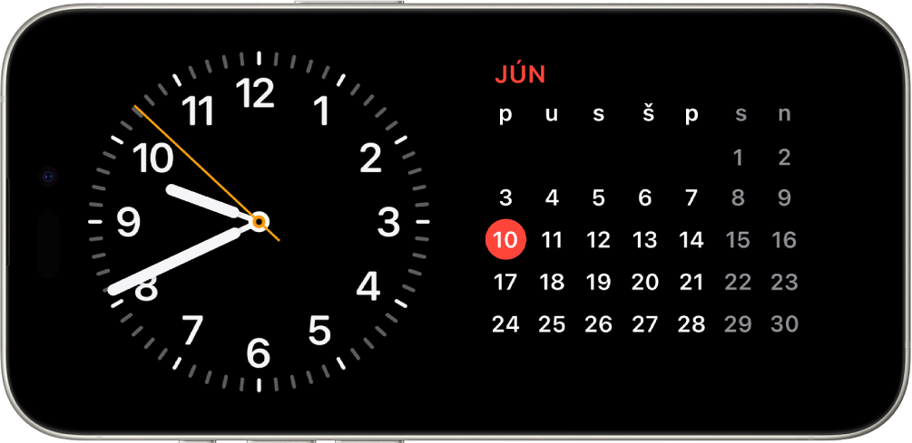 iPhone otočený vo vodorovnej polohe. Na ľavej strane obrazovky sú hodiny a na pravej strane dátum.