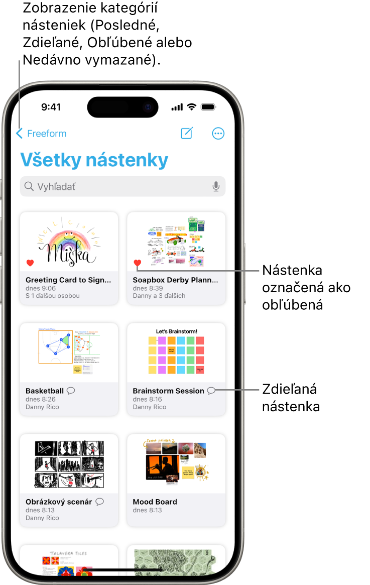 Obrazovka Všetky nástenky v apke Freeform, na ktorej sú miniatúry ôsmych násteniek.