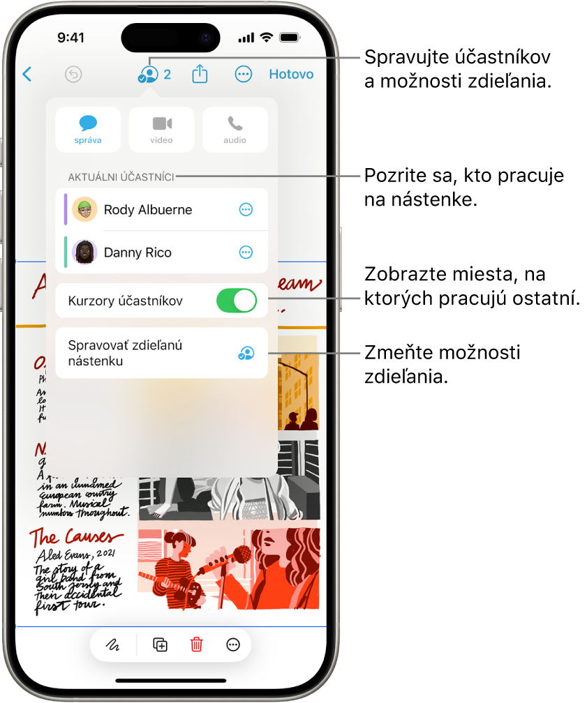 Zdieľaná nástenka v apke Freeform na iPhone so zobrazeným menu spolupráce.
