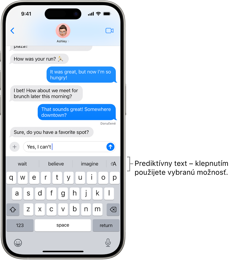 V apke Správy je otvorená dotyková klávesnica. Text sa zadáva do textového poľa a nad klávesnicou sú návrhy prediktívneho textu pre ďalšie slovo.