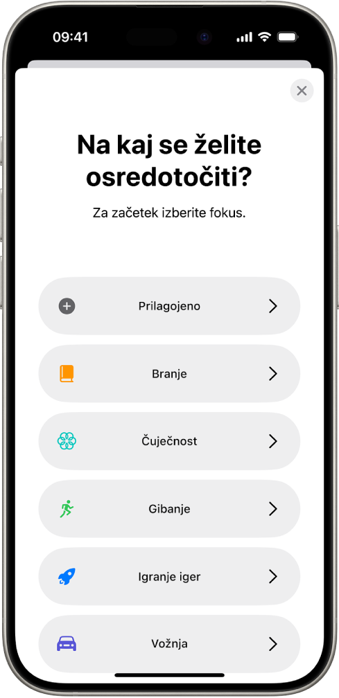 Način za nastavitev načina Fokus za dodatno zagotovljene možnosti načina Fokus, vključno z možnostmi Prilagojeno, Vožnja, Gibanje, Igranje, Čuječnost in Branje.