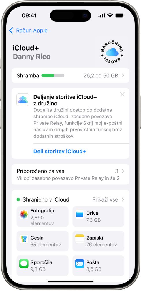 Zaslon z nastavitvami storitve iCloud, na katerem sta prikazana merilnik shrambe iCloud ter seznam funkcij, kot sta Fotografije, iCloud Drive in Varnostna kopija iCloud, ki jih lahko uporabljate s storitvijo iCloud.
