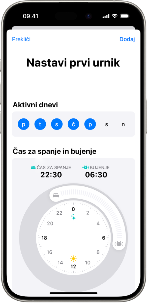 Zaslon Nastavi prvi urnik v aplikaciji Zdravje, z razdelkom Aktivni dnevi in uro Čas za spanje in bujenje.