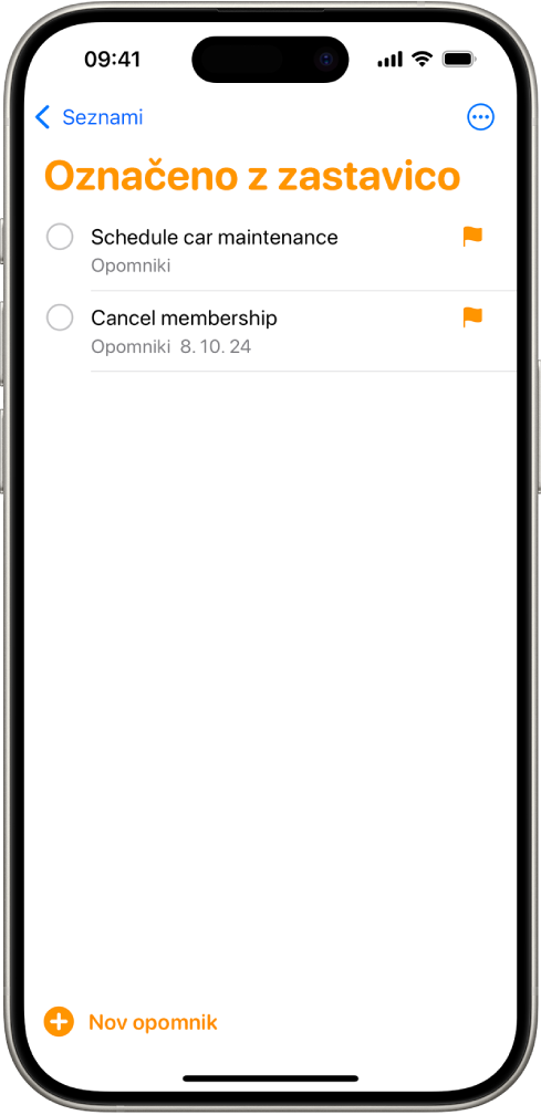 Zaslon aplikacije Opomniki, ki prikazuje pametni seznam z vsemi elementi, označenimi z zastavico.