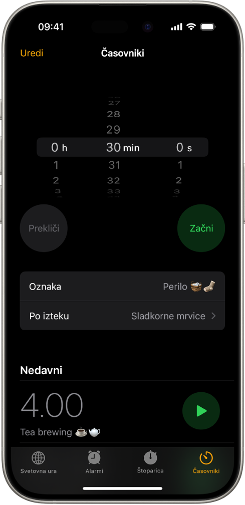 Zaslon za dodajanje časovnika z nastavitvami za nastavitev časovnika in gumbom za zagon nedavno ustvarjenega časovnika.