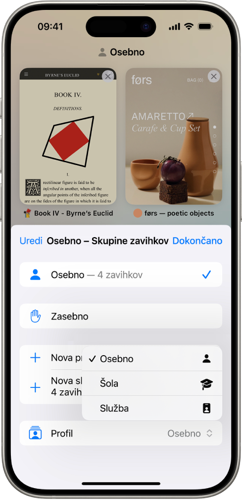 Zaslon iPhona, ki prikazuje skupino Skupine zavihkov z odprtim menijem Skupine zavihkov. Na dnu menija je izbran Profil, meni pa prikazuje profile Zasebno, Šola in Služba. Trenutno je izbran profil Osebno.