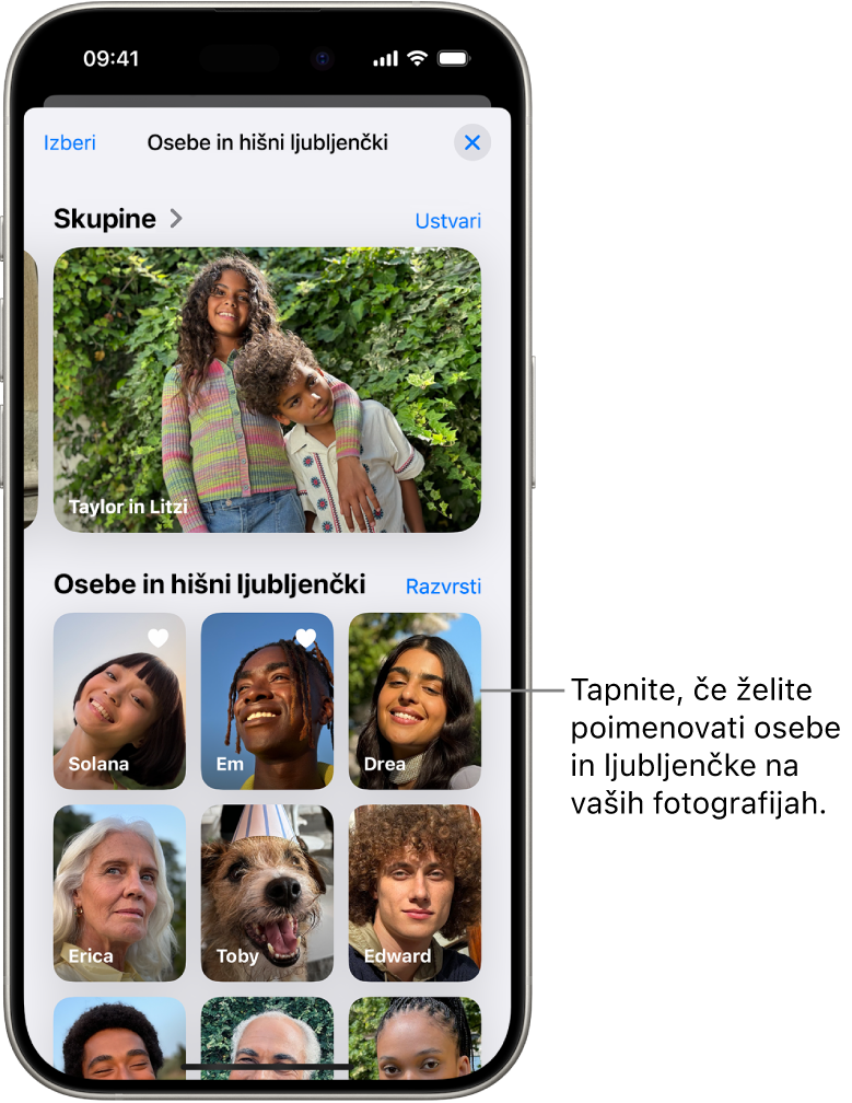 Zbirka Osebe in hišni ljubljenčki v aplikaciji Fotografije. Skupine se prikažejo na vrhu, osebe in hišni ljubljenčki pa spodaj.