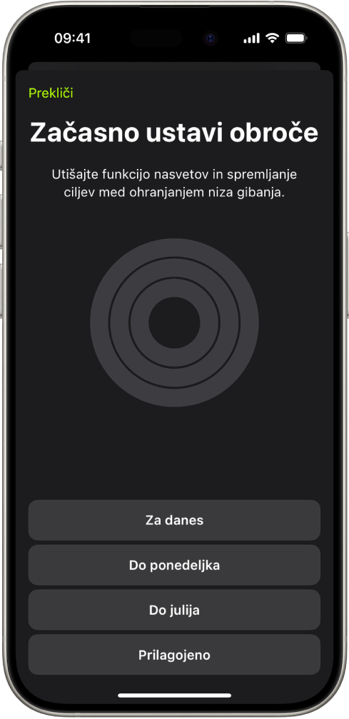 Zaslon Začasna ustavitev obročev v aplikaciji Gibanje, ki prikazuje možnosti za začasno zaustavitev funkcije Obroči aktivnosti.