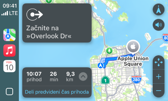 CarPlay prikazuje Zemljevidi, Glasba in Koledar v stranski vrstici. Na desni je navigacijska pot od Apple Parka do postaje Apple Union Station.