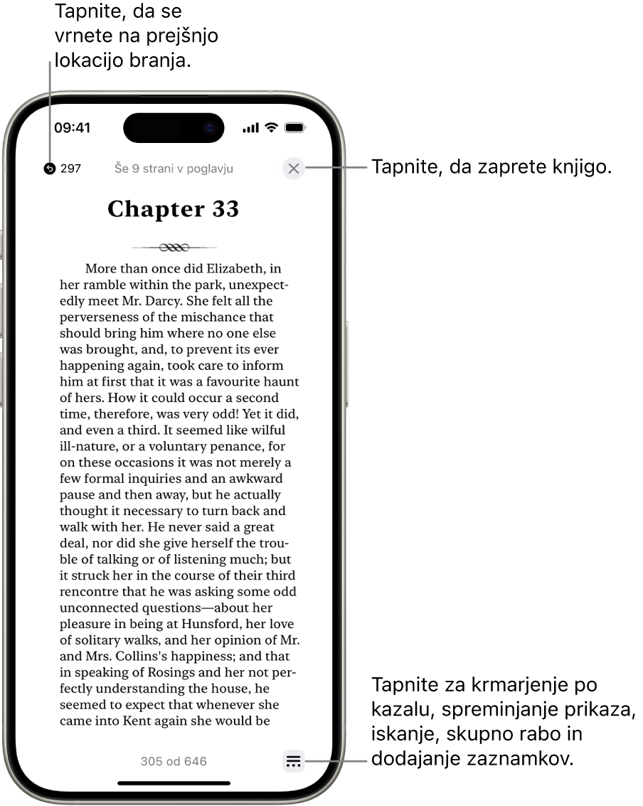 Stran knjige v aplikaciji Knjige. Na vrhu zaslona sta gumba za vrnitev na stran, na kateri ste začeli brati, in za zapiranje knjige. V spodnjem desnem kotu zaslona je menijski gumb.