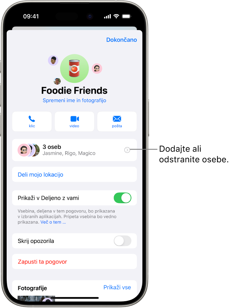 Podrobnosti pogovora za skupino.