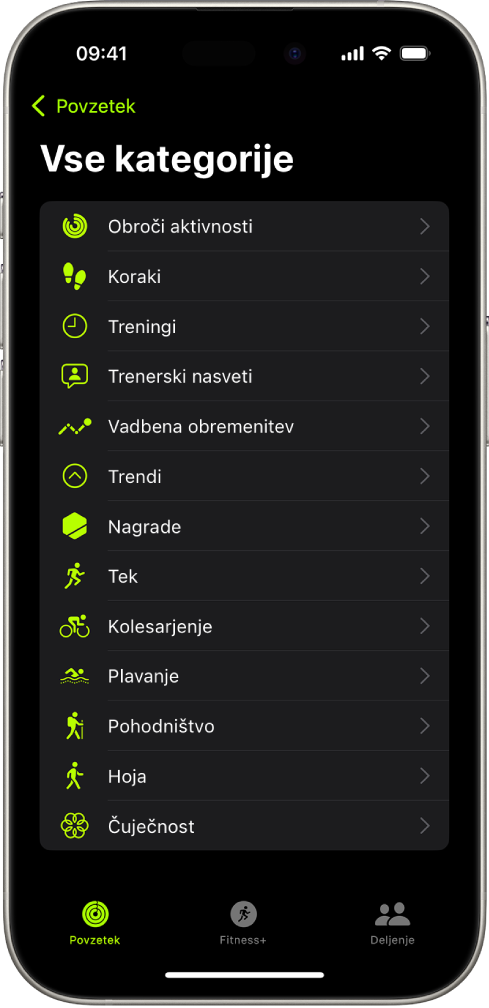 Zaslon Gibanje, ki prikazuje seznam kategorij telesne pripravljenosti.