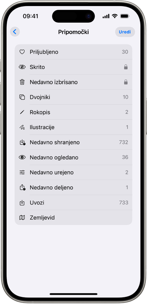 V aplikaciji Fotografije je odprta zbirka pripomočkov, ki prikazuje seznam zbirk fotografij.