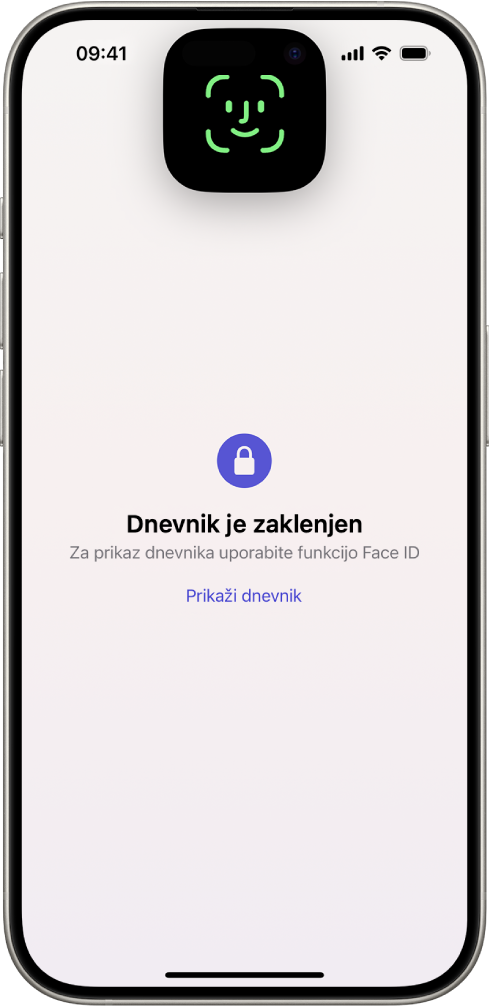 Zaslon, ki vas pozove, da za odklepanje dnevnika uporabite Face ID.