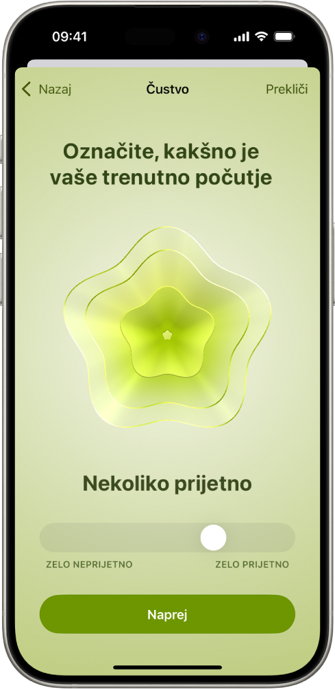 Zaslon v aplikaciji Zdravje, ki prepozna trenutno razpoloženje kot Nekoliko prijetno. Na dnu zaslona je drsnik za prilagajanje stopnje čustev.