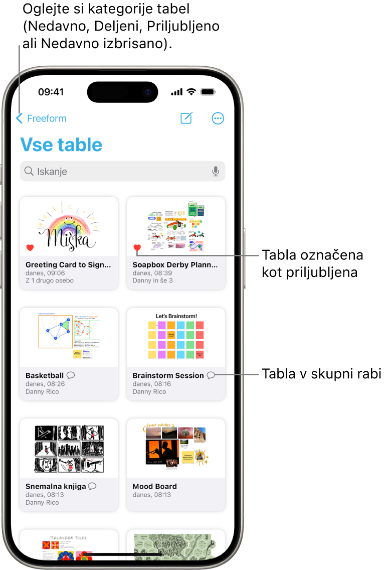 Zaslon Vse table aplikacije Freeform je odprt in prikazuje osem sličic na tabli.