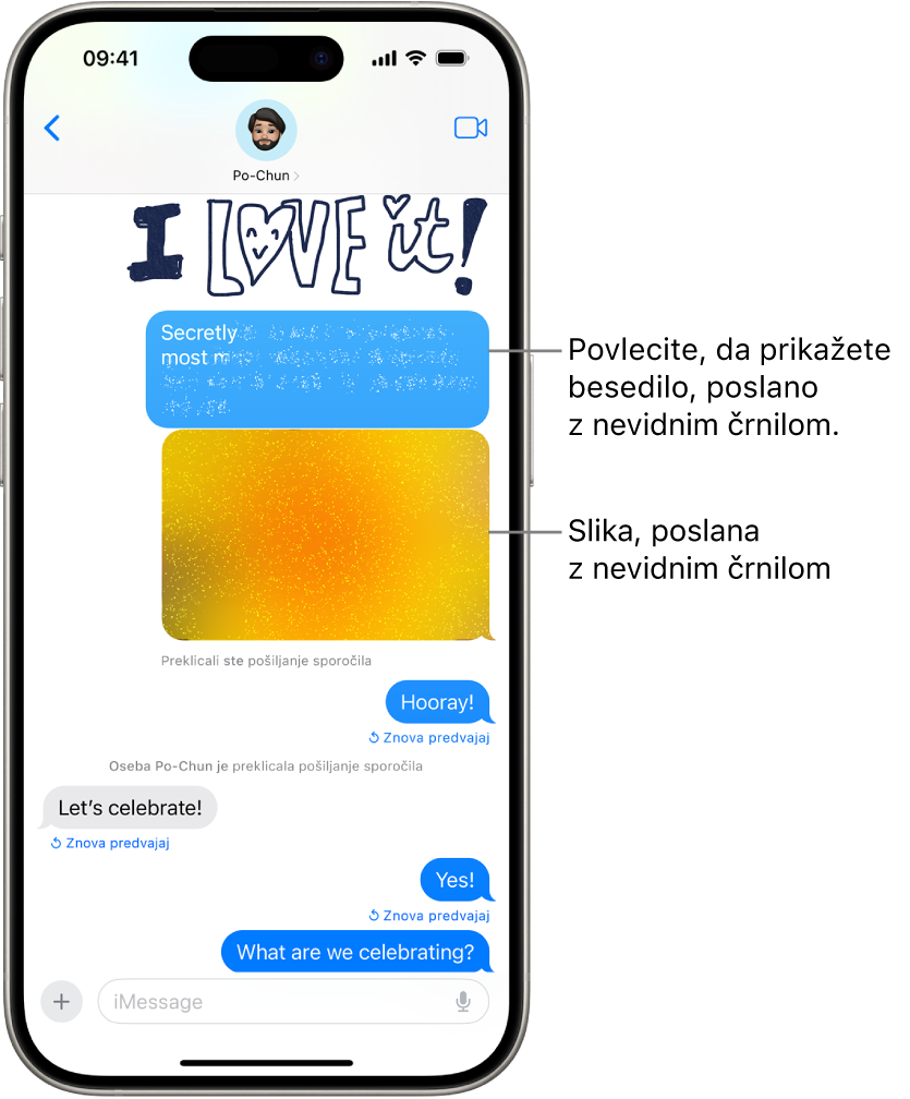 Predogled sporočila z učinkom nevidnega črnila.