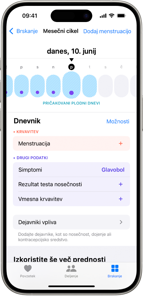 Zaslon Mesečni cikel s časovnico blizu vrha, ki prikazuje ocenjeno obdobje plodnosti. Pod časovnico so možnosti za dodajanje informacij o menstruacijah, simptomih itd.