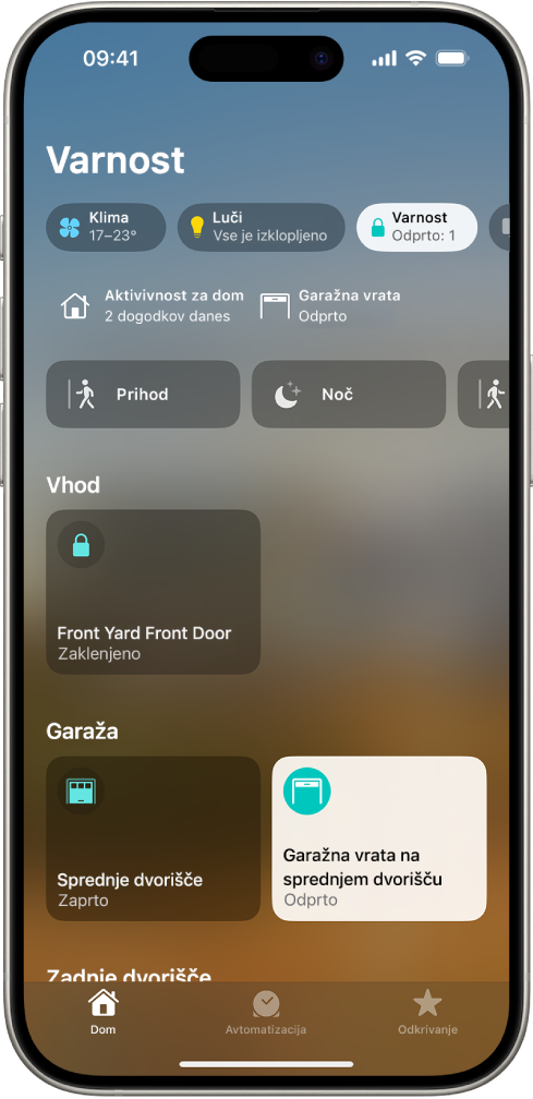 Zaslon aplikacije Dom, ki prikazuje vhodna vrata in dve garažni vrati.