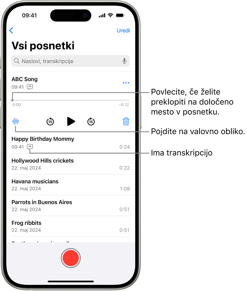 Zaslon seznama Glasovni zapiski, na vrhu katerega je prikazan izbrani posnetek. Časovnica posnetka ima drsnik, ki ga lahko povlečete na točno določeno mesto v posnetku. Upravljalni elementi predvajanja so pod časovnico.