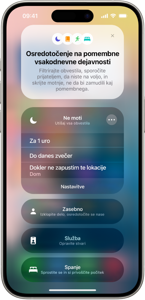 Zaslon za izbiro trajanja vklopljene funkcije Ne moti. Možnosti so »Za 1 uro«, »Do danes zvečer« in »Dokler ne zapustim te lokacije«.