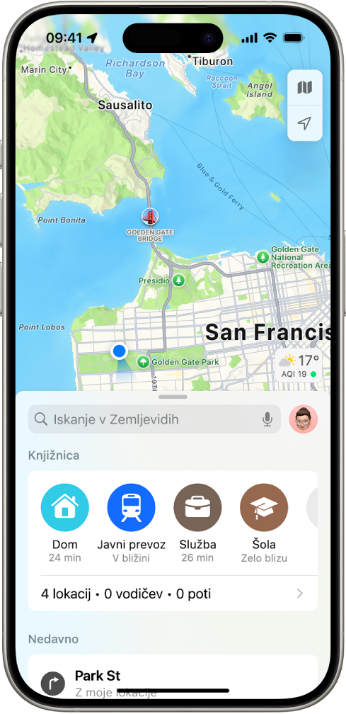 Zaslon Zemljevidi, ki prikazuje iskalno polje na spodnji polovici zaslona. Pod iskalnim poljem so naslednje lokacije, shranjene kot Priljubljeni: Dom, Delo, Javni prevoz in Šola.