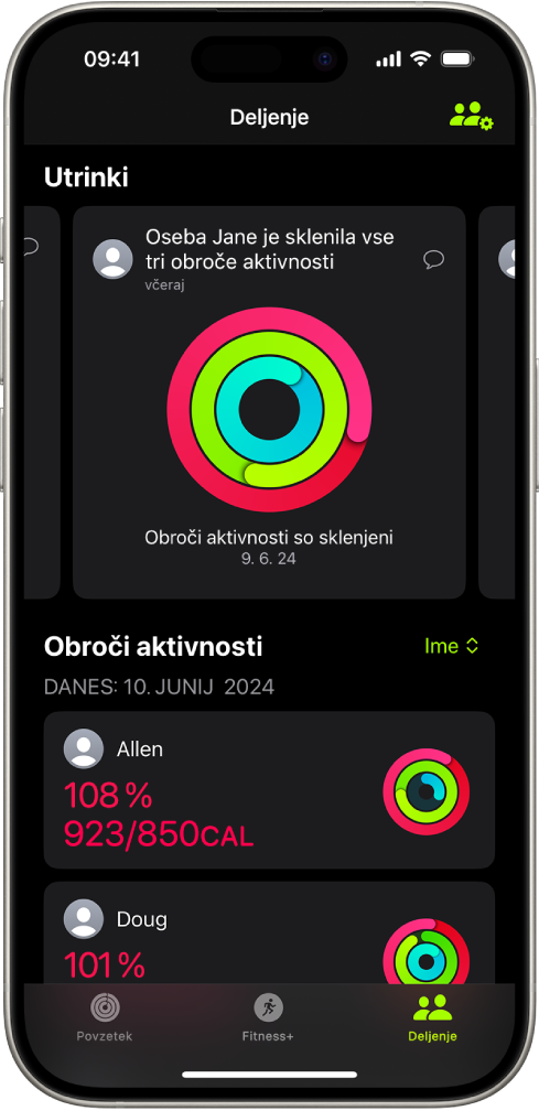Deljenje zaslona Gibanje z obročki aktivnosti in poudarki aktivnosti, ki si jih delijo oseba in njeni prijatelji.