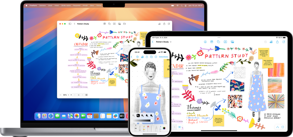 Mac, iPad in iPhone z odprto isto tablo Freeform.