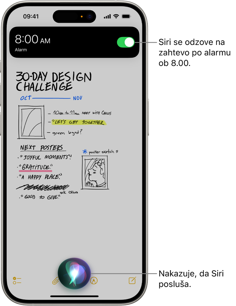 Zaslon iPhone. Blizu vrha zaslona obvestilo iz aplikacije Ura kaže, da je alarm vklopljen ob 8:00 zjutraj. Ikona na dnu zaslona označuje, da Siri posluša.