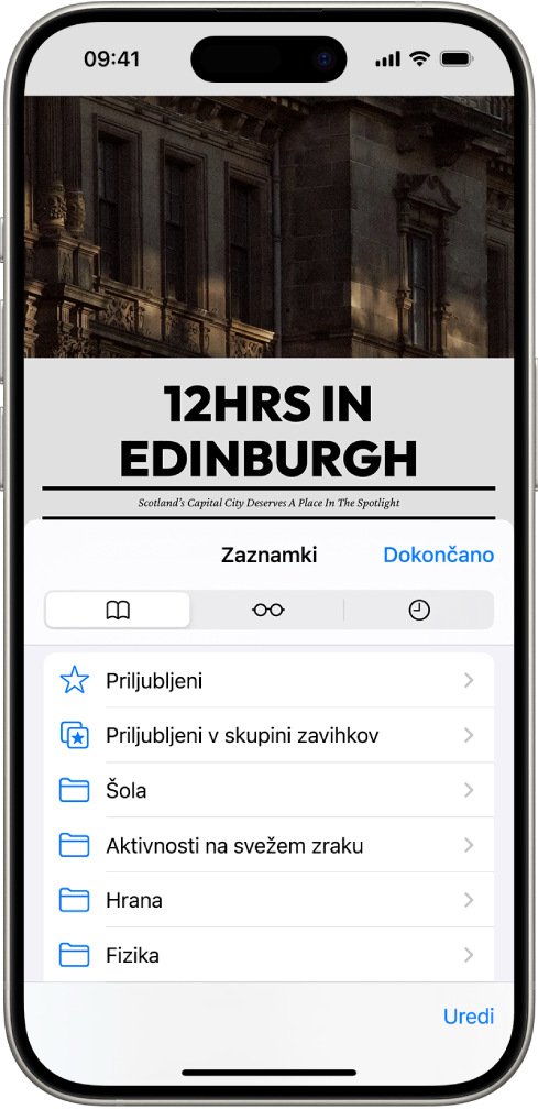Zaslon z zaznamki z možnostmi za ogled zaznamkov, Bralni seznam in zgodovine brskanja.