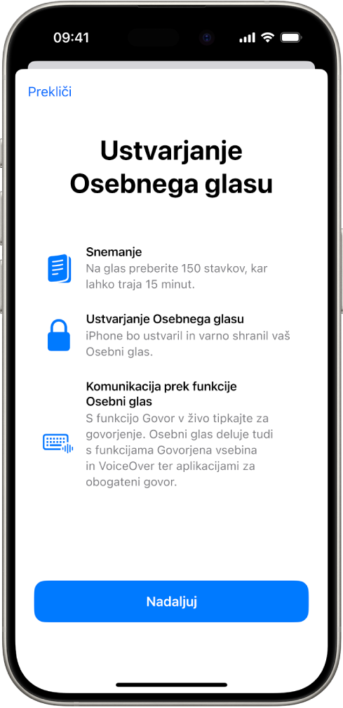 iPhone z informacijami o tem, kako ustvarite Osebni glas.