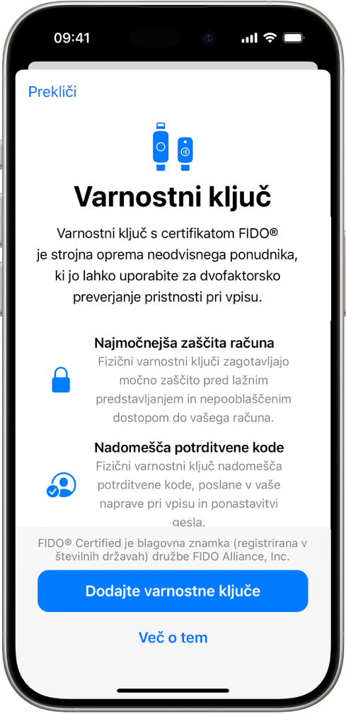 Pozdravni zaslon funkcije Varnostni ključi. Na dnu je gumb Dodaj varnostni ključ in povezava Več o tem. Nad njimi je obrazložitveno besedilo o prednostih uporabe varnostnih ključev.