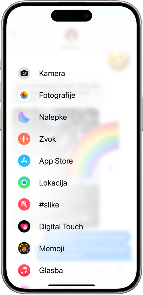 Po dotiku gumba Aplikacije v pogovoru v aplikaciji Sporočila se prikaže seznam funkcij, ki jih lahko dodate svojemu sporočilu.