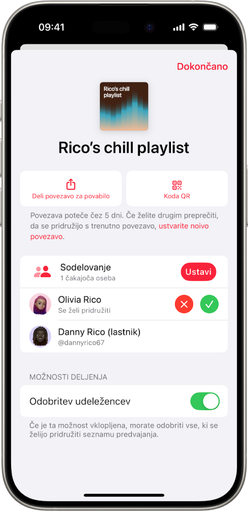 Zaslon za upravljanje sodelovanja v aplikaciji Glasba.