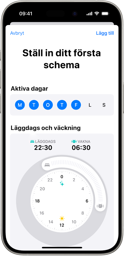 Skärmen Ställ in ditt första schema i Hälsa med ett avsnitt över aktiva dagar och en klocka för läggdags och väckning.