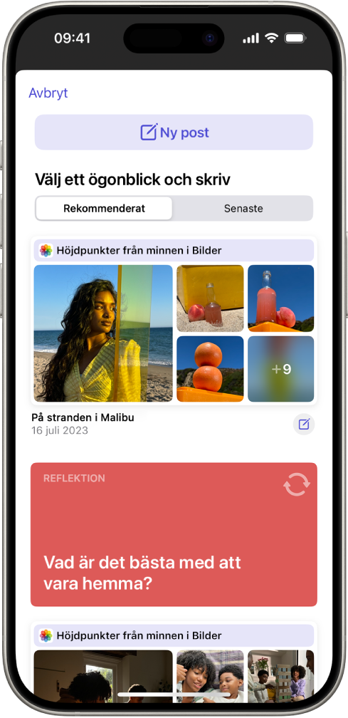 En skärm visar knappen Nytt inlägg överst och förslag på dagboksinlägg nedanför.