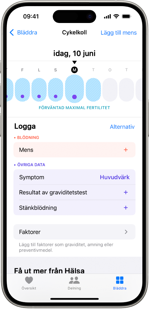Skärmen Cykelkoll med en tidslinje högt upp som visar en uppskattad period av maximal fertilitet. Under tidslinjen finns alternativ för att lägga till information om menscykler, symptom och annat.