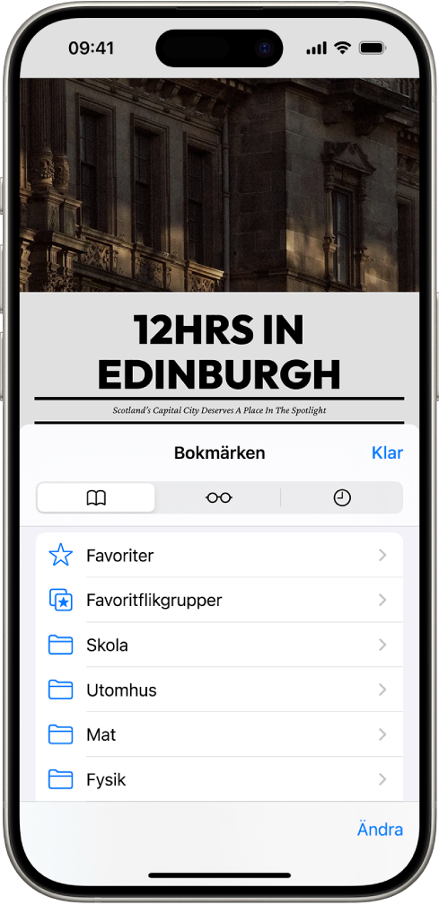 Skärmen Bokmärken med alternativ för att visa bokmärken, läslistan eller surfhistorik.